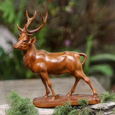 Suar Wood Deer Sculpture With Onyx Eyes, Wooden Deer Statue