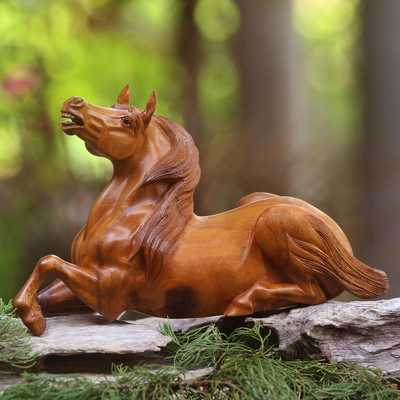 Suar Wood Lying Horse Sculpture Onyx Eyes, 'Equine Elegance