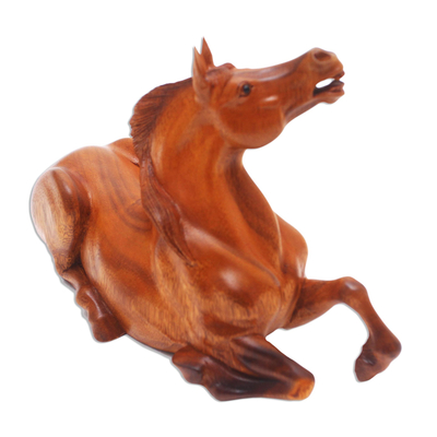 Wood sculpture, 'Equine Elegance' - Suar Wood Lying Horse Sculpture Onyx Eyes