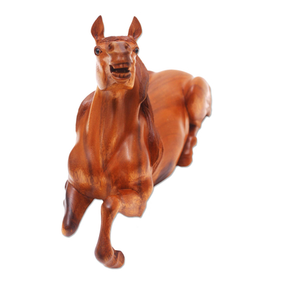 Suar Wood Lying Horse Sculpture Onyx Eyes, 'Equine Elegance