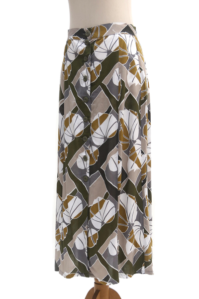 Falda midi de rayón - Falda midi de rayón con motivos de hojas hechas a mano
