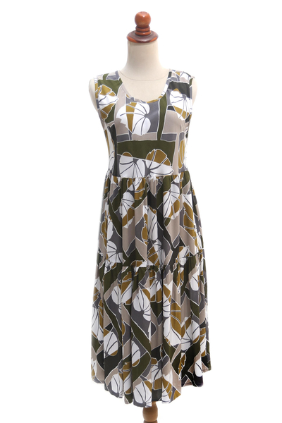 Hand Crafted Leaf-Themed Rayon Sundress from Bali