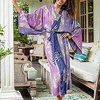 Hand-stamped batik rayon robe, Lilac Star