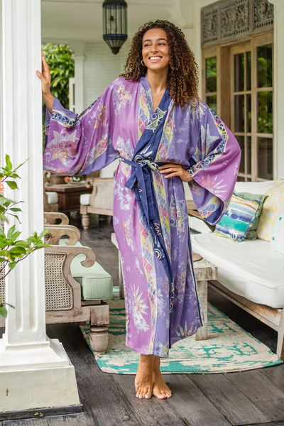 Hand-stamped batik rayon robe, 'Lilac Star' - Hand-Stamped Purple and Navy Rayon Robe