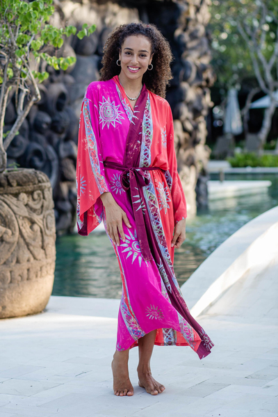 Hand-stamped batik rayon robe, 'Bright Firework' - Hot Pink Batik Rayon Robe from Bali