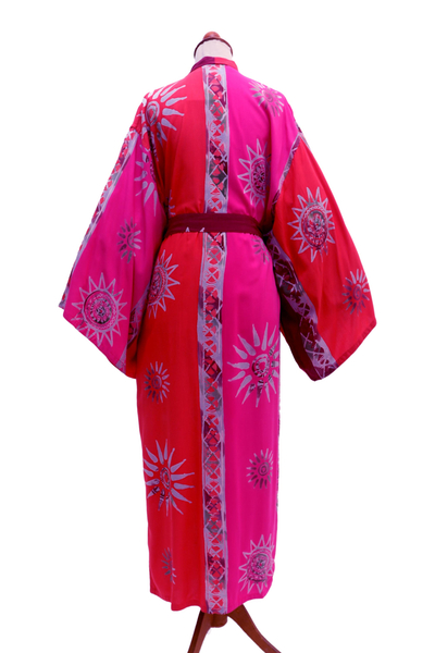 Hand-stamped batik rayon robe, 'Bright Firework' - Hot Pink Batik Rayon Robe from Bali
