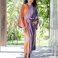 Hand-stamped batik rayon robe, Dusky Sunrise