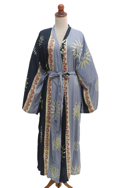 Hand-stamped batik rayon robe, 'Chakra Burst' - Belted Batik Rayon Robe from Bali