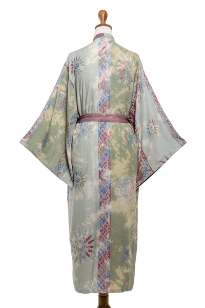 Hand-stamped batik rayon robe, 'Spiritual Center' - Hand-Stamped Batik Rayon Robe with Tie Belt