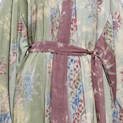 Hand-stamped batik rayon robe, 'Spiritual Center' - Hand-Stamped Batik Rayon Robe with Tie Belt