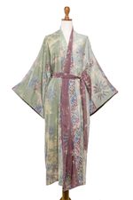 Hand-stamped batik rayon robe, 'Spiritual Center' - Hand-Stamped Batik Rayon Robe with Tie Belt
