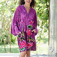 Hand-painted batik rayon short robe, 'Pink Lotus' - Hand-Painted Lotus Flower Rayon Robe