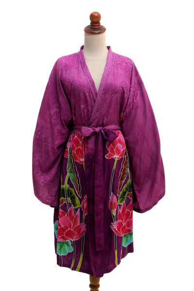 Hand-painted short robe, 'Pink Lotus' - Hand-Painted Lotus Flower Rayon Robe