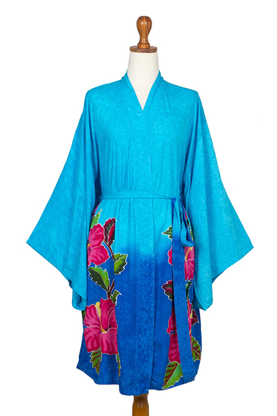 Handbemaltes Rayon-Gewand - Handbemalte blaue Rayon-Robe aus Bali