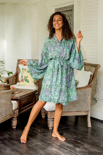 Hand-painted rayon robe, 'Green Gardens' - Hand-Painted Tie-Dye Rayon Robe