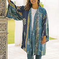 Hand-stamped rayon robe, 'Ancient Color' - Hand-Stamped Rayon Robe with Chakra Motif