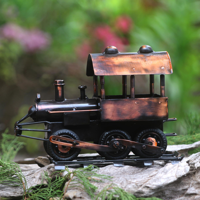 Mixed metal sculpture, 'Sepur' - Hand Crafted Iron and Steel Locomotive Sculpture