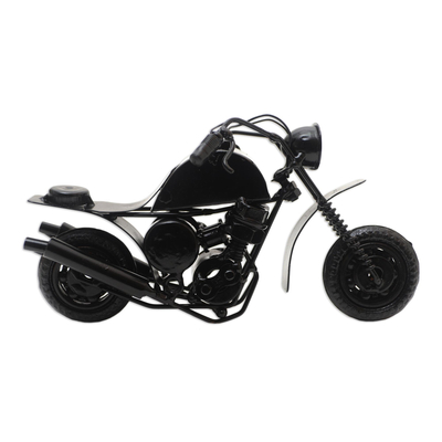Recycled metal sculpture, 'Moto Racer in Black' - Recycled Metal Black Motorbike Sculpture