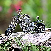 Recycled metal sculpture, 'Motorbike Patrol in Silver' - Silver Finish Motorcycle Recycled Metal Sculpture