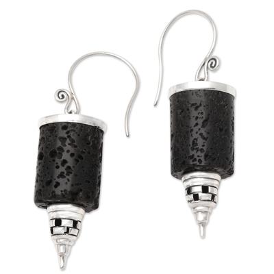 Sterling silver and lava stone dangle earrings, 'Stupa Pillar' - Lava Stone and Sterling Silver Dangle Earrings