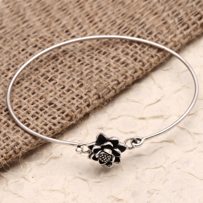 Sterling silver bangle bracelet, 'Floating Lotus' - Hand Made Sterling Silver Lotus Flower Bangle Bracelet