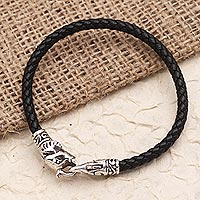 Sterling silver and leather cord bracelet, 'Elephant Clasp' - Elephant Clasp Black Leather Cord Bracelet
