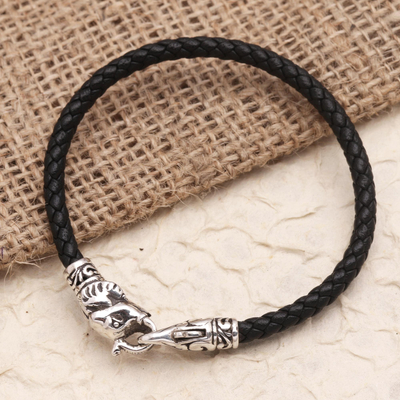 Armband aus Sterlingsilber und Lederband - Armband aus schwarzem Lederband mit Elefantenverschluss