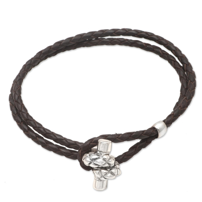 Sterling silver and leather cord bracelet, 'Knot Clasp' - Leather Cord Bracelet with Sterling Silver Knot Toggle