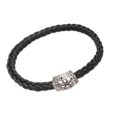 Sterling silver and leather bracelet, 'Barong Box' - Balinese Sterling Silver Leather Cord Bracelet
