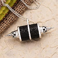 Sterling silver and lava stone pendant necklace, 'Stupa Pillar' - Lava Stone and Sterling Silver Pendant Necklace