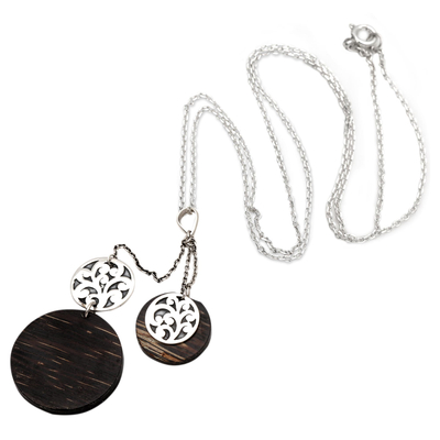 Sterling silver and coconut wood y-necklace, 'Circle Sulur' - Sterling Silver and Silver Coconut Y Pendant Necklace