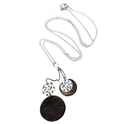 Sterling silver and coconut wood y-necklace, 'Circle Sulur' - Sterling Silver and Silver Coconut Y Pendant Necklace