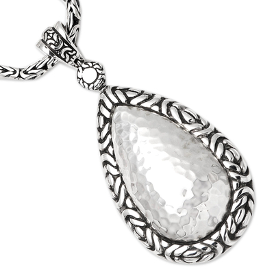 Sterling silver pendant necklace, 'Dragon Pear' - Byzantine Link Hammered Sterling Silver Pendant Necklace