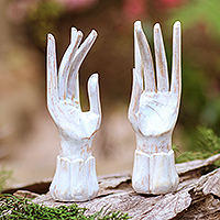 Wood jewelry stands, 'Fanciful Fingers' (pair) - Pair of Hand Carved Whitewash Wood Hands for Rings