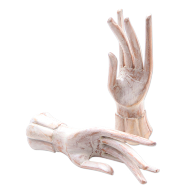 Wood jewelry stands, 'Fanciful Fingers' (pair) - Pair of Hand Carved Whitewash Wood Hands for Rings