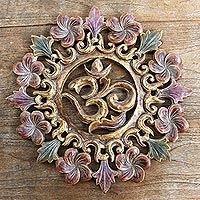 Wood relief panel, 'Floral Ong-Kara' - Hand Painted Floral-Themed Suar Wood Relief Panel