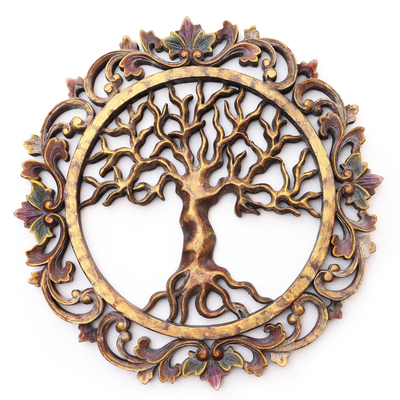 Wood relief panel, 'Gilded Tree of Life' - Handmade Tree-Themed Suar Wood Relief Panel
