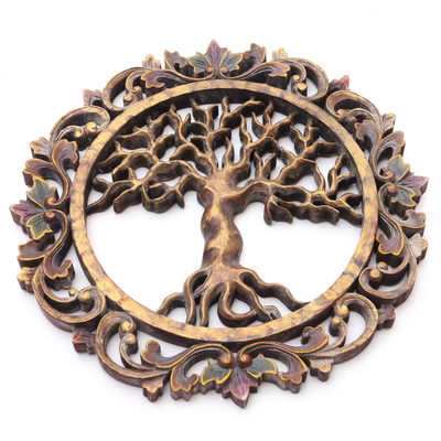 Wood relief panel, 'Gilded Tree of Life' - Handmade Tree-Themed Suar Wood Relief Panel