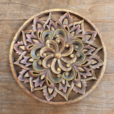 Hand carved wood relief panel, Antique Lotus