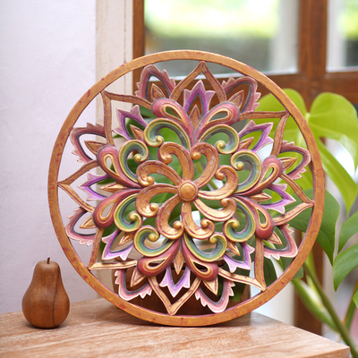 Hand carved wood relief panel, 'Antique Lotus' - Hand Carved Suar Wood Floral Relief Panel
