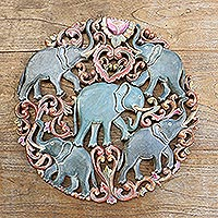 Wood relief panel, 'Elephant Party' - Hand Made Suar Wood Elephant Relief Panel from Bali
