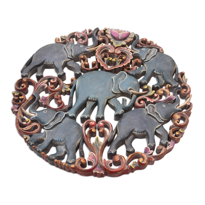 Wood relief panel, 'Elephant Party' - Hand Made Suar Wood Elephant Relief Panel from Bali