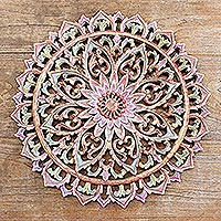 Wood relief panel, 'Radiating Lotus' - Hand Crafted Suar Wood Lotus Flower Relief Panel