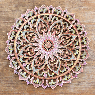 Wood relief panel, 'Radiating Lotus' - Hand Crafted Suar Wood Lotus Flower Relief Panel