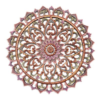 Holzreliefplatte, 'Strahlender Lotus'. - Handgefertigtes Reliefpaneel aus Suar Wood Lotusblüten