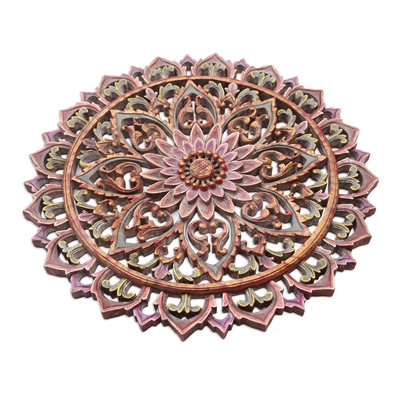 Panel de relieve de madera, 'Loto radiante' - Panel de relieve de flor de loto de madera de suar hecho a mano