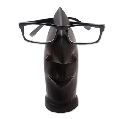 Wood eyeglass holder, 'Deep Thoughts in Black' - Hand Carved Chinaberry Wood Nose Eyeglass Holder