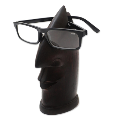 Wood eyeglass holder, 'Deep Thoughts in Black' - Hand Carved Chinaberry Wood Nose Eyeglass Holder