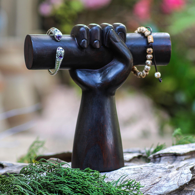 Wood jewelry holder, 'Winning Hand' - Artisan Made Jempinis Wood Jewelry Holder