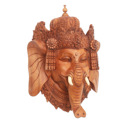 Wood mask, 'Joyful Ganesha' - Hand Carved Suar and Crocodile Wood Ganesha Mask